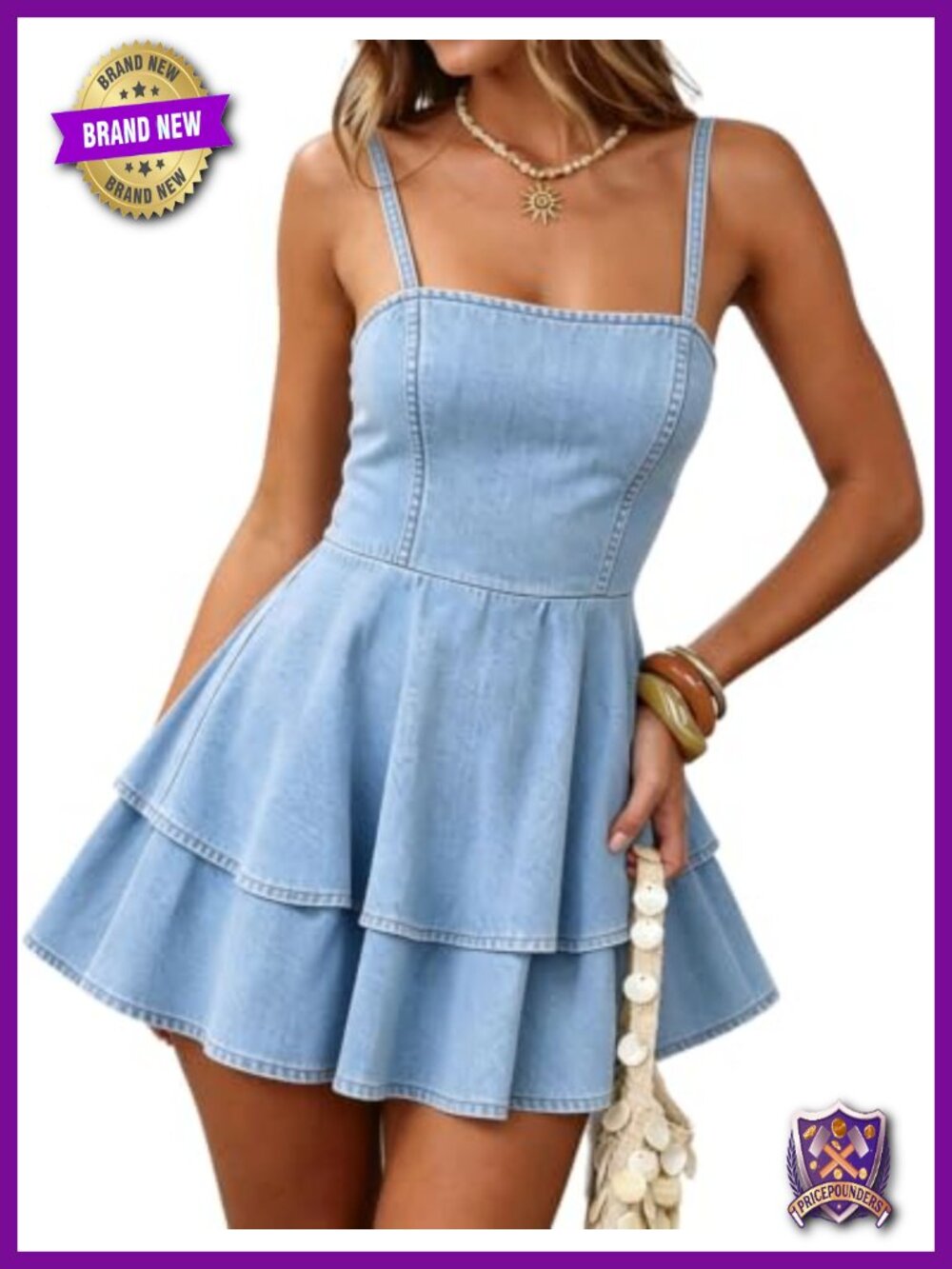 Spaghetti Strap Denim Mini Dress Fit Flare Tiered Ruffle Backless Summer